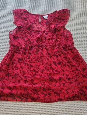 Motherhood Maternity Red Floral Ruffle V-Neck Blouse Sz LG